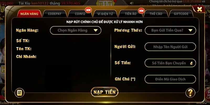 Hướng dẫn cách nạp tiền hitclub thông quan phương thức ngân hàng